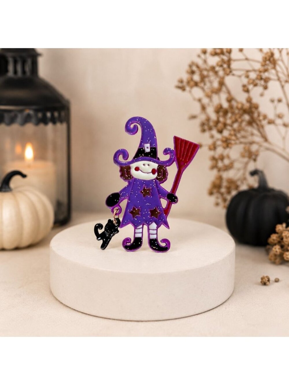 Purple Glitter Witch Brooch Halloween Pin Broom Black Boot Charm